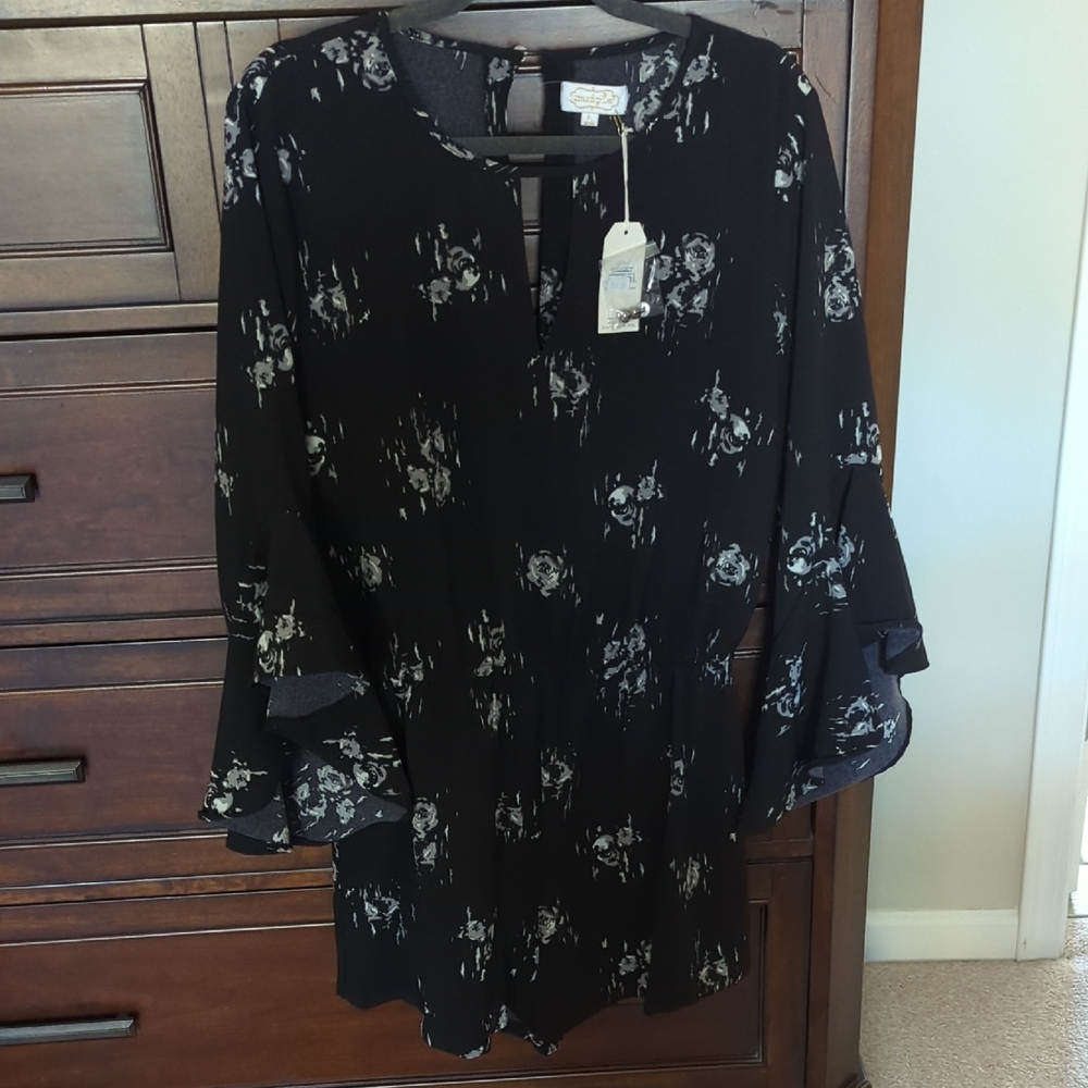 Mud pie Black Floral Drama Sleeve Romper.